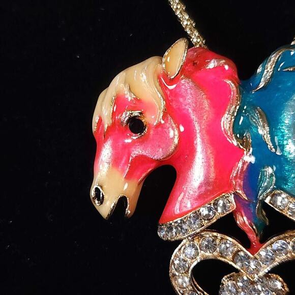 Twin Horse Gemini Betsey Johnson Enamel and Rhinestone Necklace - Picture 2 of 8